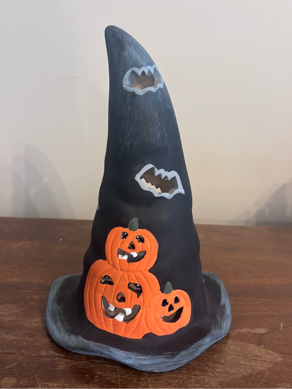 Hand-Painted Ceramic Halloween Witch Hat Decor - Black with Orange Pumpkins